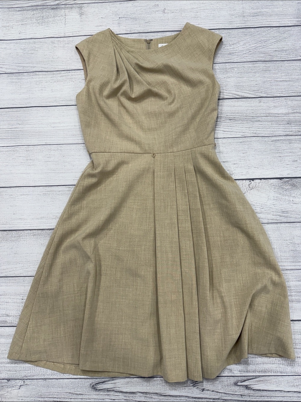 Calvin Klein Tan Fit Flare Dress Pleated Skirt Sleeveless Career Size 4